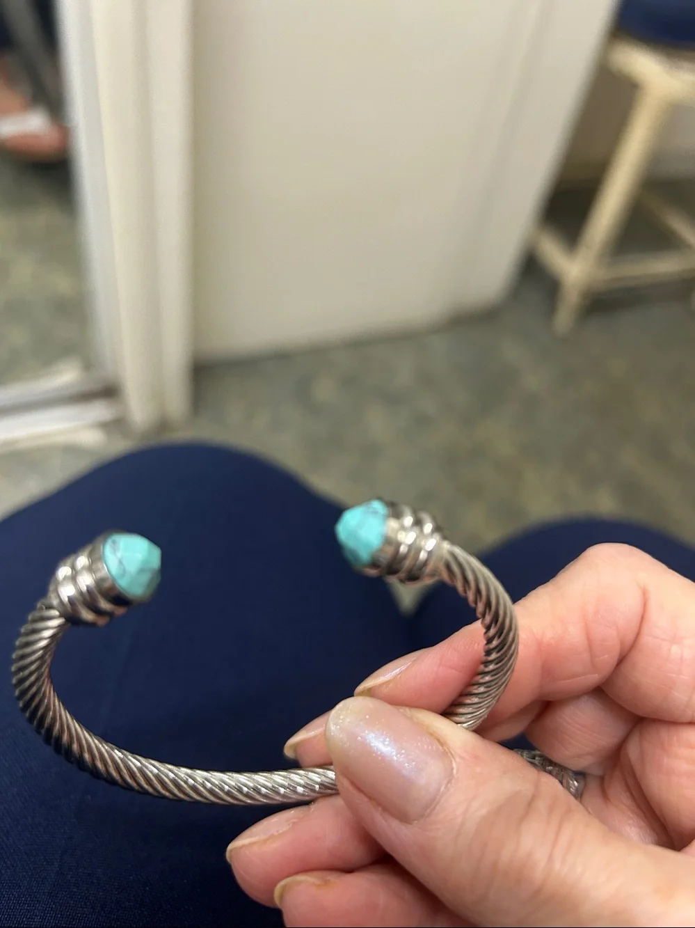 Stainless steel Silver genuine, gemstone Cable Cuff Bracelet with Turquoise Ston